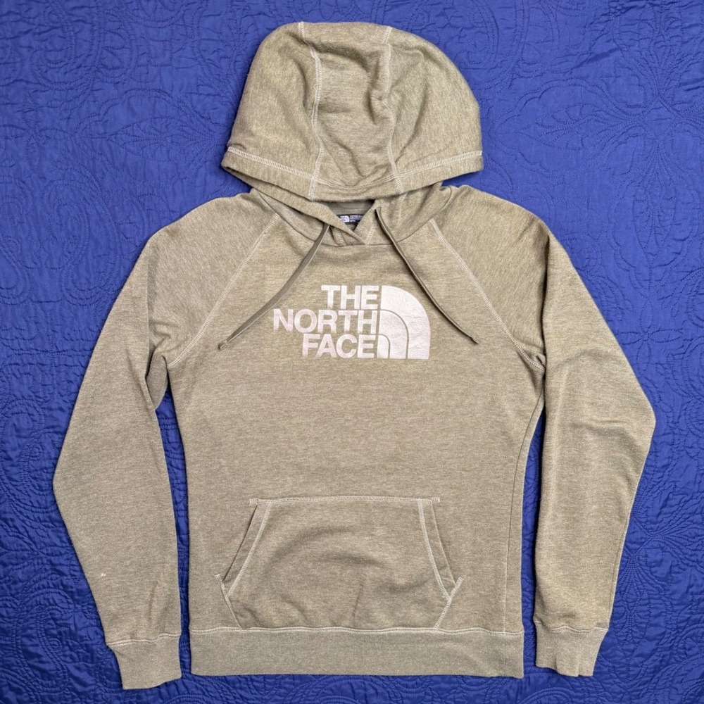 The North Face Mens Medium Olive Green Heather Pullover Hoodie Gold Logo